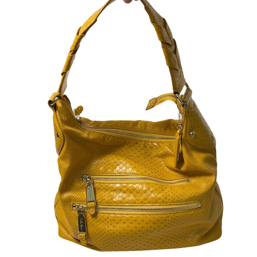 Cole Haan mustard yellow snake pattern leather handbag satchel boho purse.